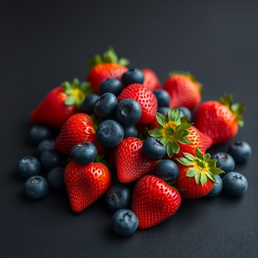 arrange a pile of strawberries and blueberries on a black background with soft natural lighting, use a DSLR camera, 50mm lens, aperture f/2.8, ISO 100, shutter speed 1/125s, low angle view to emphasize texture and color pop