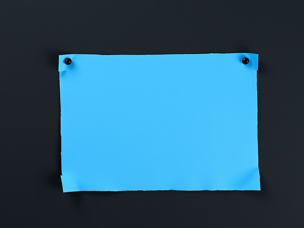 Create a realistic image of a blank blue paper sheet with rolled edges pinned to a black background, using a DSLR camera with a 50mm lens, aperture f/2.8, ISO 100, and a soft box light for even illumination.