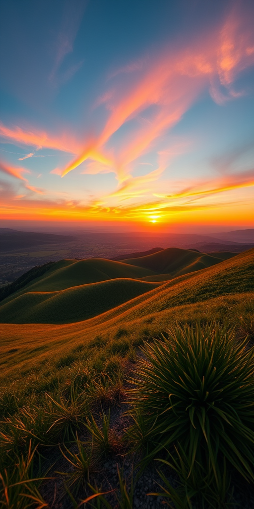 Create an image of a serene landscape with rolling hills and a vibrant sunset, shot with a Canon EOS R5 at f/8, ISO 200, 1/200s, using a wide-angle lens at 24mm, in a vibrant color style from a low angle perspective.