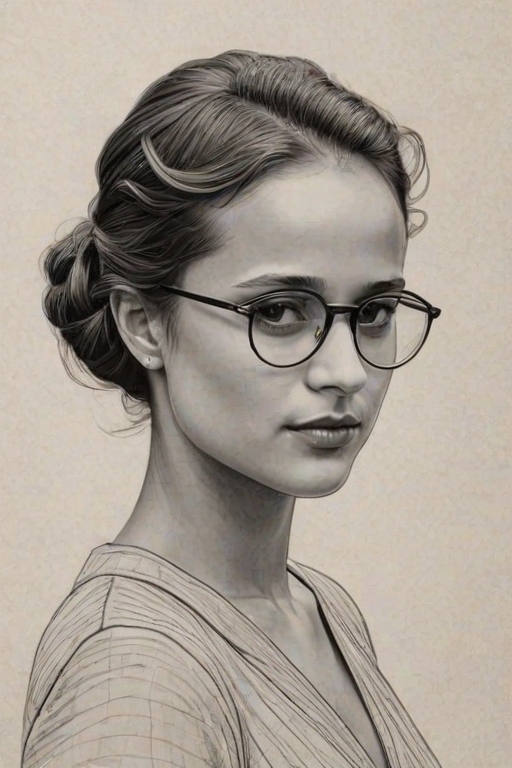 Pleasing Alicia Vikander, pencil sketch, portrait of Sublime woman 1930s in glasses, hair style beatnik, outline, clear lines, fine lines, 8k