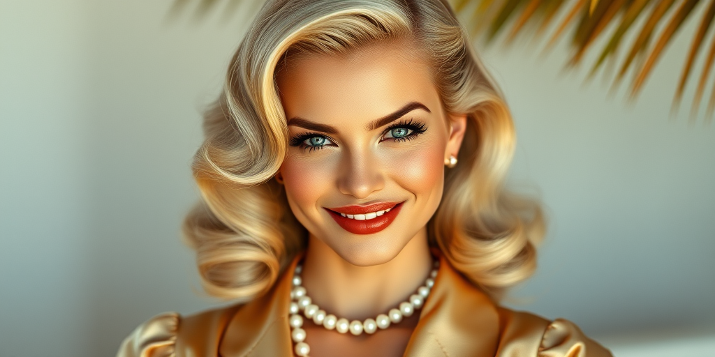 A beautiful Tahitian woman reminiscent of 1950s Hollywood glamour, with perfectly styled blonde hair and a seductive smile, dressed in a satin blouse and adorned with pearls, soft and warm tones, photorealistic, 8K