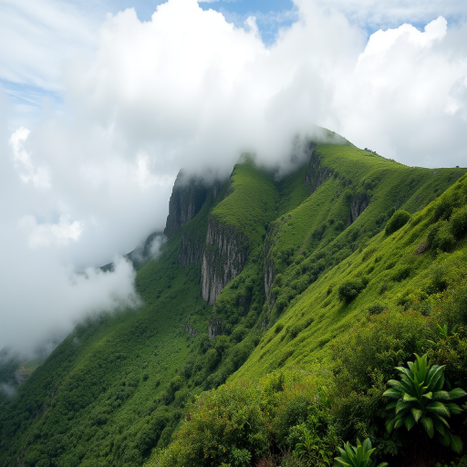 Create a high-resolution landscape image of a mountain ridge with lush green vegetation partially obscured by mist and clouds, shot with a Canon EOS R5 at f/8, ISO 100, 24mm focal length, using a wide-angle lens and natural lighting for enhanced depth and texture.