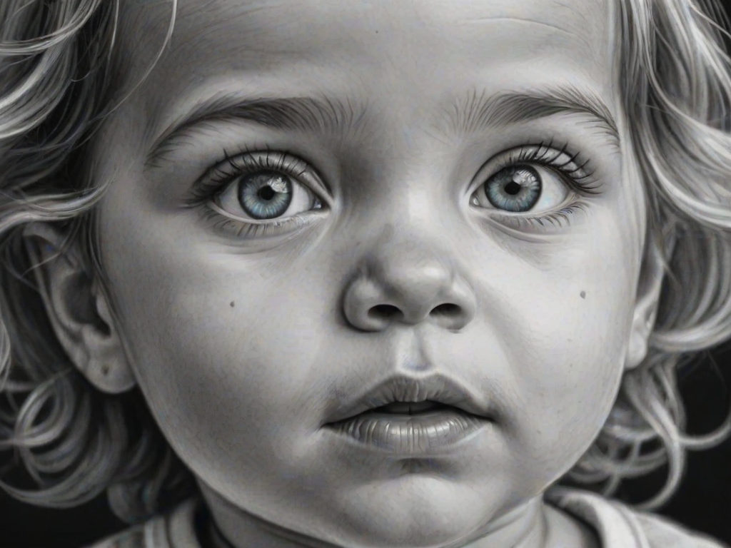 A hyperdetailed photorealistic black and white sketch of a beautiful toddler with deep cyan eyes, with a macro focus