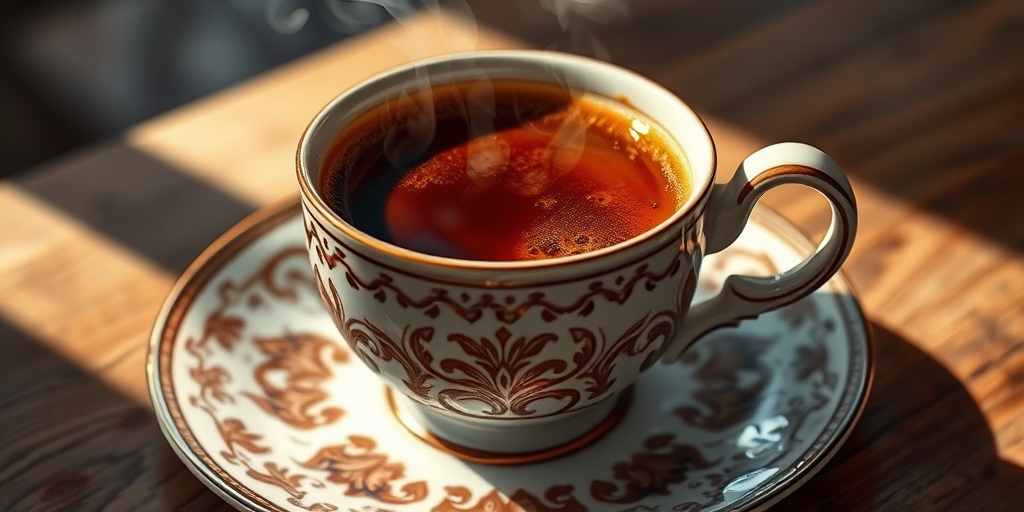 Create a detailed illustration of a steaming cup of coffee on a saucer, with intricate designs and textures, shot with a Canon EOS R5 at f/2.8, ISO 100, 50mm lens, in soft natural lighting, using a macro photography style to enhance the details and warmth of the scene.