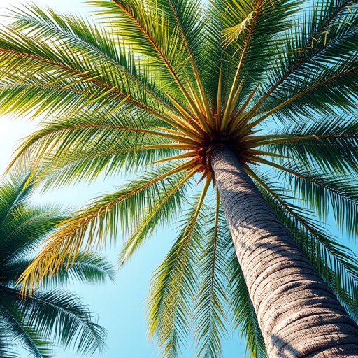 Create a vibrant digital illustration of a tall, lush palm tree with detailed fronds and a textured trunk, shot with a DSLR camera at f/4, ISO 100, in portrait orientation, using a soft focus lens.