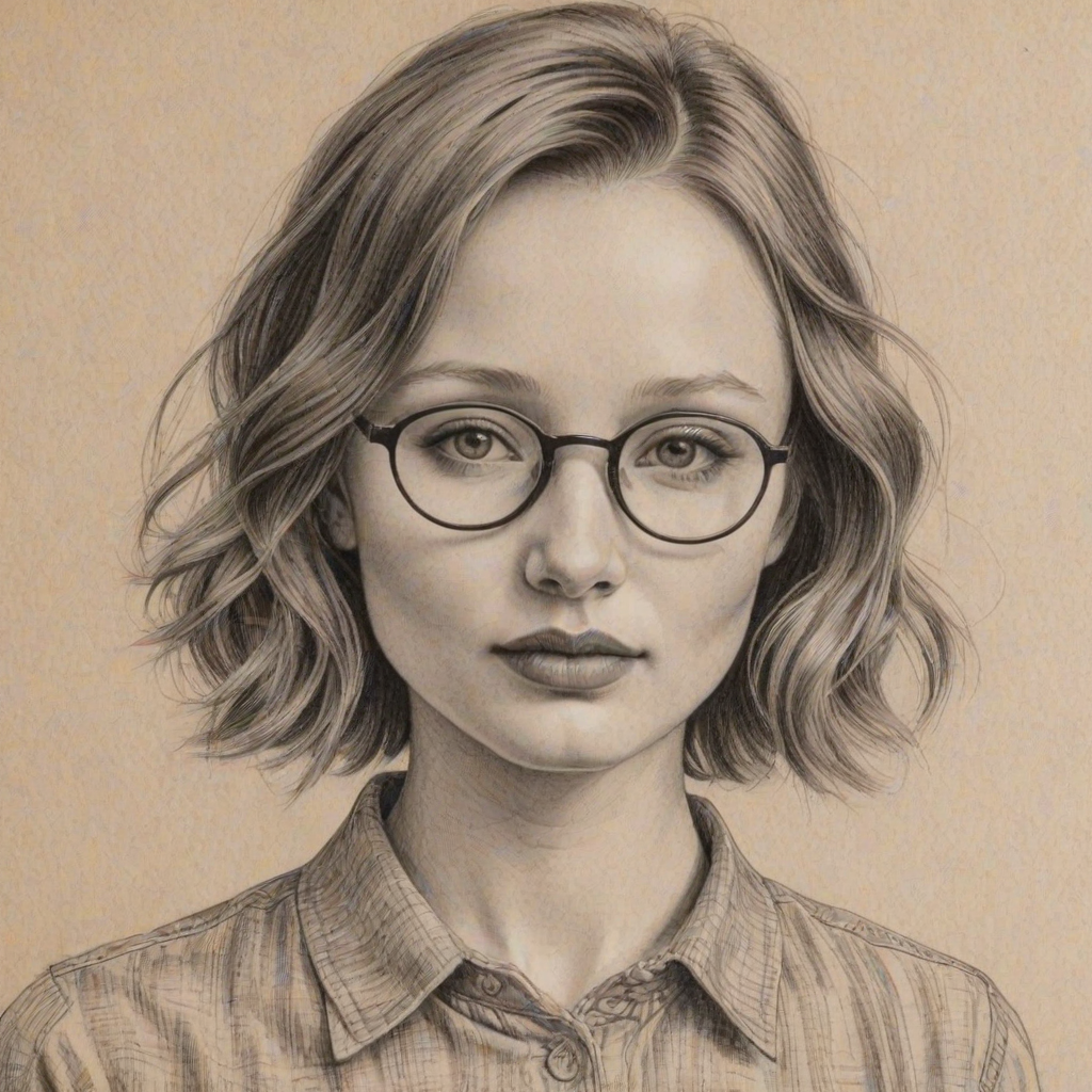 Charming Emily Browning, pencil sketch, portrait of Fetching woman 1948s in glasses, hair style beatnik, outline, clear lines, fine lines, 8k