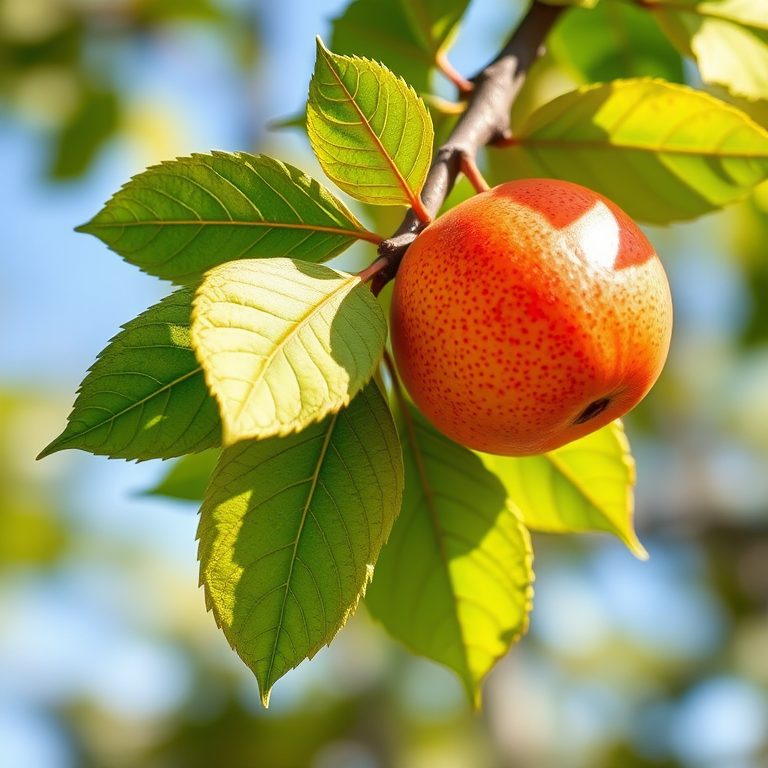 Create a high-resolution illustration of a branch with leaves and a fruit, using a DSLR camera with a 50mm lens at f/2.8 for shallow depth of field, in natural lighting, from a slightly elevated angle to highlight the texture and details of the leaves and fruit.