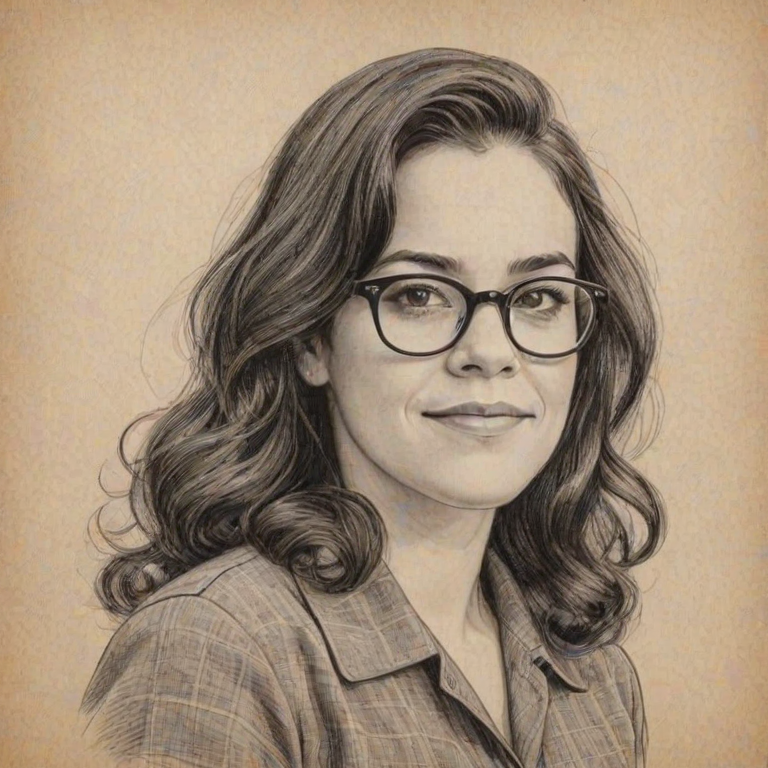 Wonderful Abbi Jacobson, pencil sketch, portrait of Sublime woman 1940s in glasses, hair style beatnik, outline, clear lines, fine lines, 8k