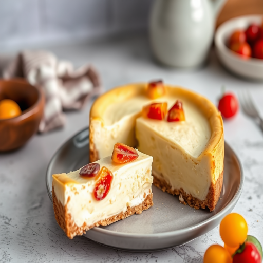 A delicious cheesecake on a gray plate with a slice cut out revealing a creamy interior, topped with pieces of candied fruit, set on a textured surface with soft blurred background elements suggesting a cozy kitchen atmosphere.