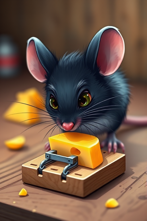 Create a detailed cartoon image of a black mouse inspecting a piece of cheese on a wooden mouse trap, vibrant colors, soft lighting, taken with a DSLR camera at f/2.8 aperture, 50mm lens, from a low angle view to enhance depth, digital art style.