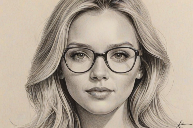 Bewitching Camille Kostek, pencil sketch, portrait of Sublime woman 1972s in glasses, hair style beatnik, outline, clear lines, fine lines, 8k