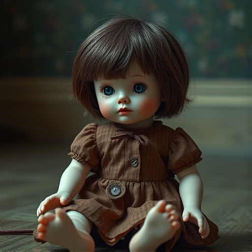 Create a digital art image of a vintage doll with a pale face and short brown hair, wearing a brown dress, sitting on the floor with a cable attached to it, high resolution, 4K quality, using a DSLR camera, f/1.8 aperture, 50mm lens, natural lighting, shallow depth of field.
