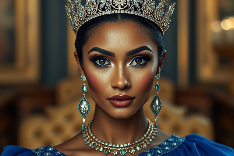 A gorgeous Maori woman in a luxurious blue gown, accessorized with a dazzling tiara and statement earrings, her deep black eyes highlighted by impeccable makeup, poised in a royal setting, photorealistic, 8K quality