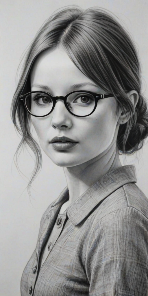 Appealing Emily Browning, pencil sketch, portrait of Gorgeous woman 1966s in glasses, hair style beatnik, outline, clear lines, fine lines, 8k