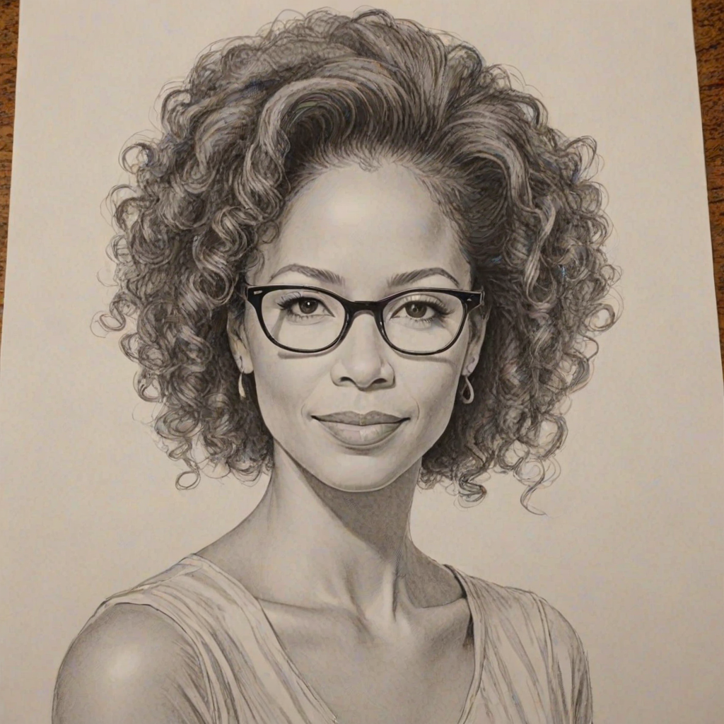 Graceful Sherri Saum, pencil sketch, portrait of Delightful woman 1958s in glasses, hair style beatnik, outline, clear lines, fine lines, 8k