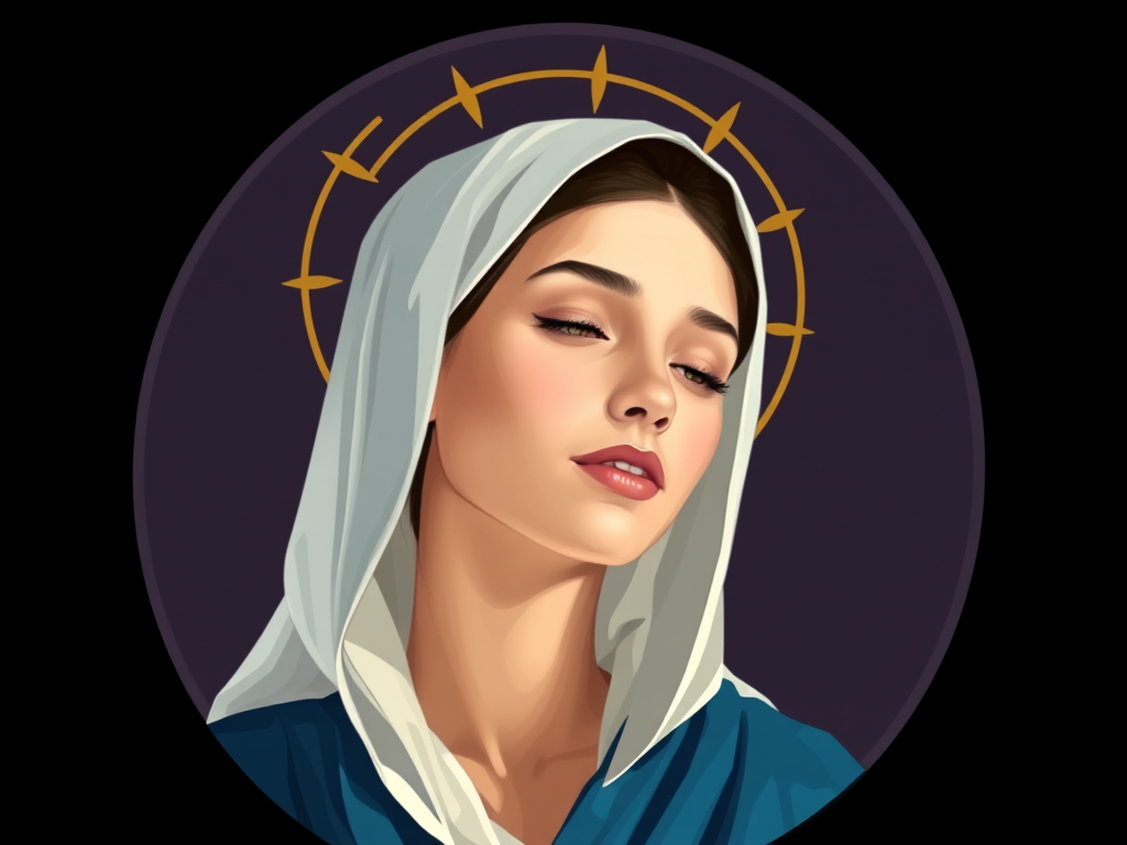 Create a digital illustration of a serene woman with a halo, wearing a blue robe and white headscarf, in a circular frame, use a Canon EOS R5 camera, settings: ISO 100, aperture f/2.8, shutter speed 1/125s, view: portrait style, enhance colors and contrast for a vivid appearance.