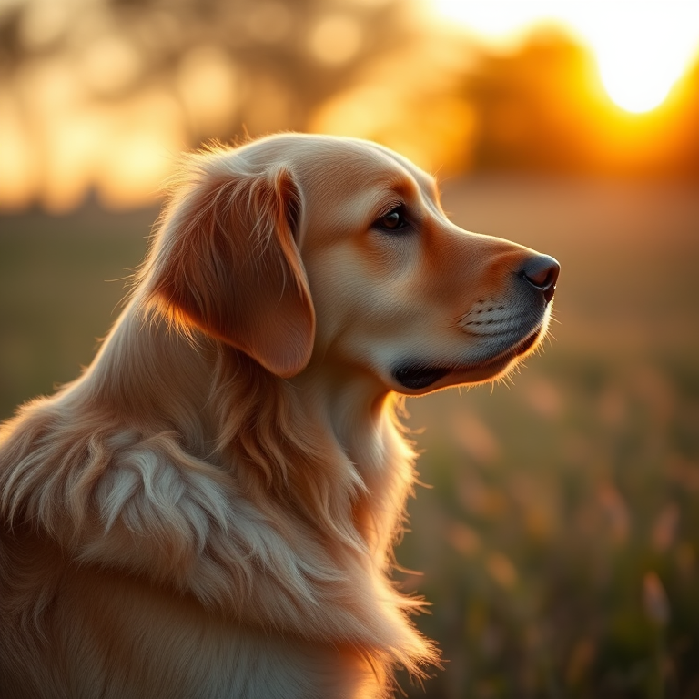 A golden retriever in a sunlit field at sunset, focus on the dog's profile with a soft background bokeh, aperture f/1.8, shutter speed 1/200s, ISO 200, shot with a DSLR camera using a 50mm lens.