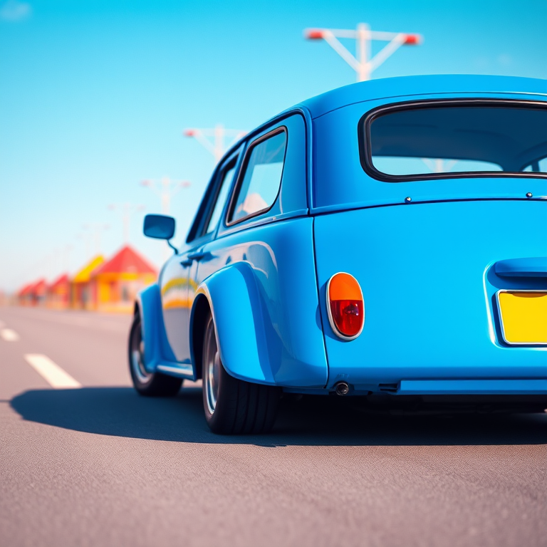 A blue cartoon-style car view from the side with a bright and colorful background, captured with a DSLR camera at f/8 aperture, 1/500 shutter speed, 50mm lens, in vibrant colors and high contrast.