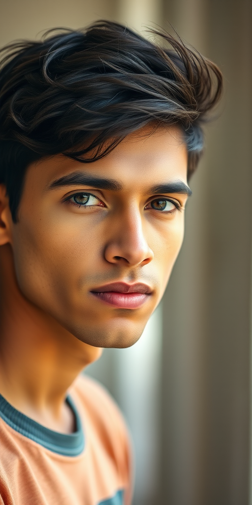 portrait of a young man with a serious expression, soft focus background, natural light, 85mm lens, f/1.8 aperture, ISO 100, shallow depth of field, DSLR camera, vibrant colors