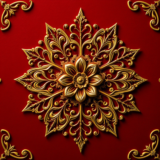 Create a detailed and ornate floral design with intricate golden swirls and patterns on a deep red background, captured with a DSLR camera at f/2.8 aperture, 50mm lens, ISO 100, using a macro photography style for enhanced texture and depth.