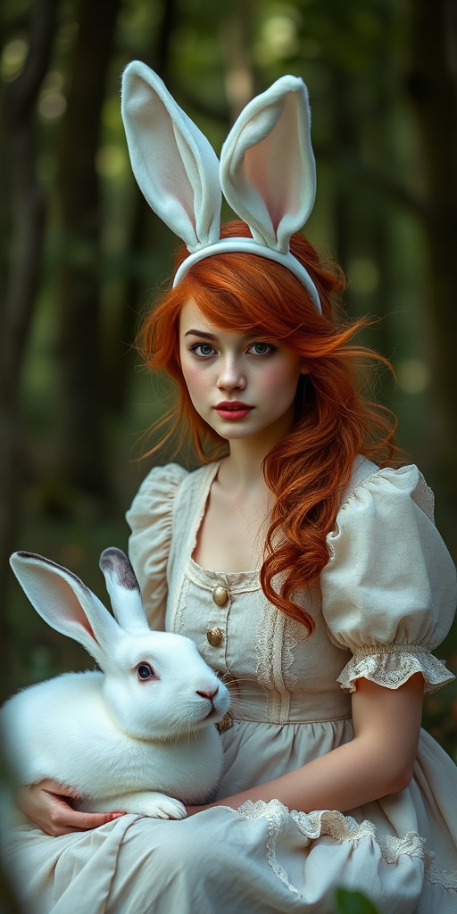 Create an ethereal portrait of a young woman with red hair wearing a vintage dress and bunny ears, sitting beside a large, expressive white rabbit, framed by a mystical forest setting, soft focus, natural lighting, 85mm f/1.8 lens, ISO 200, shutter speed 1/250s, shallow depth of field.