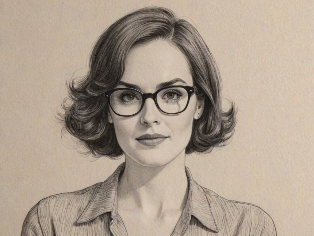 Delightful Michelle Dockery, pencil sketch, portrait of Lovely woman 1953s in glasses, hair style beatnik, outline, clear lines, fine lines, 8k