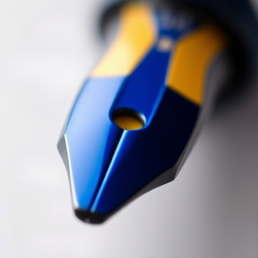 Create a high-resolution vector image of a blue and yellow fountain pen nib, with a clean and minimalist design, using a macro lens at f/2.8 aperture, 50mm focal length, natural lighting, and a soft bokeh background to enhance the details and colors.