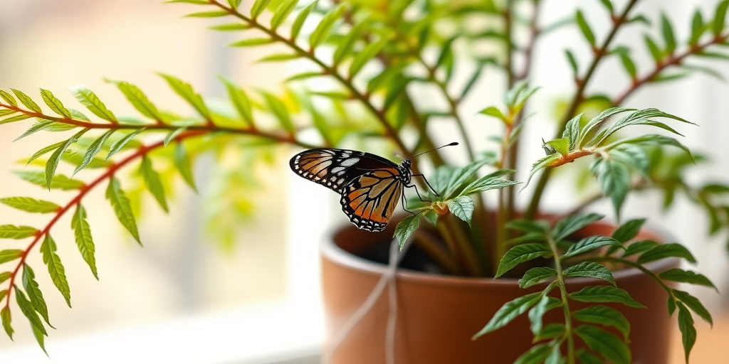 Create a high-resolution digital illustration of a potted fern with a butterfly perched on a leaf, using aCanon EOS R5 at f/2.8, ISO 100, 1/250s, with a soft-focus background and natural light.