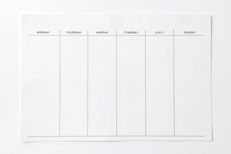 a weekly planner layout featuring blank sections for each day from Monday to Sunday, in a minimalist style with clean lines, high contrast, and a white background, designed with a flat lay perspective, taken with a DSLR camera at f/2.8, ISO 100, and a 50mm lens for sharp details and vibrant colors