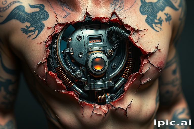 Realistic 3D biomechanical tattoo revealing cybernetic enhancements beneath torn skin, incorporating hyperrealistic textures and metallic sheen for a stunning trompe l'oeil effect