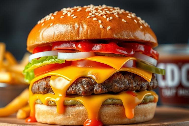 High-resolution, close-up image of a gourmet double cheeseburger. The burger features a glossy, sesame-seed-topped brioche bun. Inside, there are two thick, juicy beef patties, each topped with melted cheddar cheese. The burger is garnished with fresh lettuce, tomato slices, diced onions, and pickles. A generous amount of ketchup and a creamy, orange-colored sauce is dripping down the sides, adding to the mouth-watering appeal. In the background, there are blurred elements including a side of golden French fries and a hint of a beverage, enhancing the overall presentation of a delicious meal.