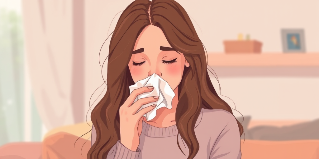 Create an illustration of a woman with long, wavy hair, sneezing into a tissue in a cozy room with soft, muted colors, using a Canon EOS R5 camera with a 50mm lens, f/1.8 aperture, ISO 200, and a soft-focus background, emphasizing warmth and comfort.