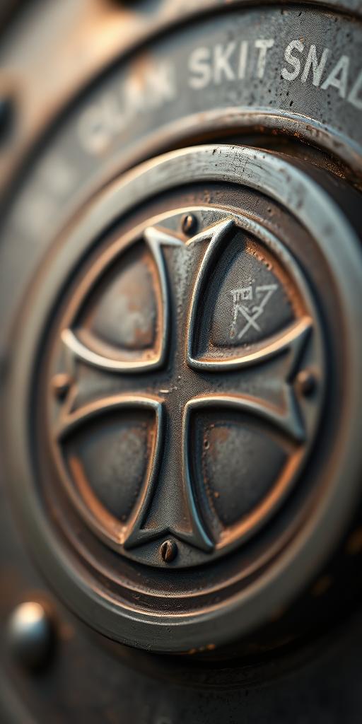 high-resolution close-up of a circular metallic object with a cross pattern, detailed texture, natural lighting, 50mm lens, f/2.8 aperture, ISO 100, shallow depth of field, captured with a DSLR camera