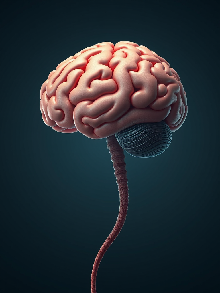 Generate a detailed illustration of a stylized human brain attached to a spinal cord, using a high-resolution digital art style, shot from a slightly elevated perspective, with soft lighting to create depth, in 4K resolution, using a Canon EOS 5D Mark IV with a 50mm f/1.8 lens at f/2.8 for sharp focus.