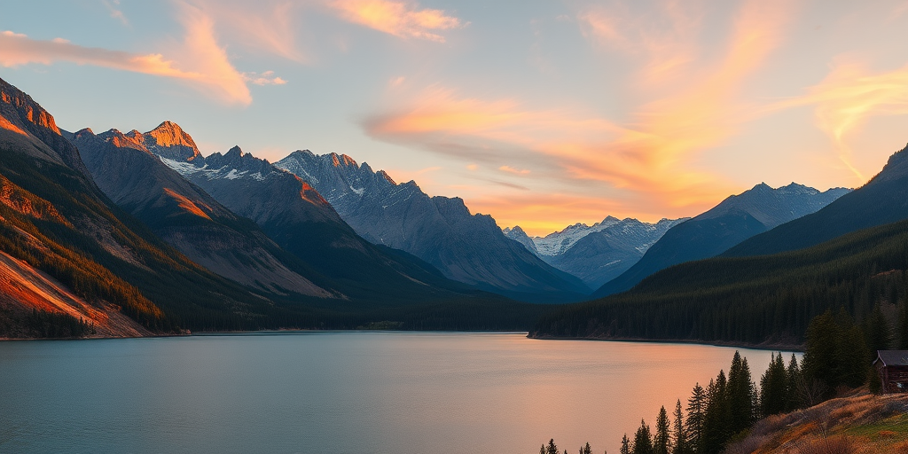 Generate a high-resolution image of a scenic landscape at sunset featuring mountains and a lake, shot with a Canon EOS R5, 24mm lens, aperture f/8, ISO 100, shutter speed 1/200s, with a wide-angle view, and vibrant colors to enhance image quality.