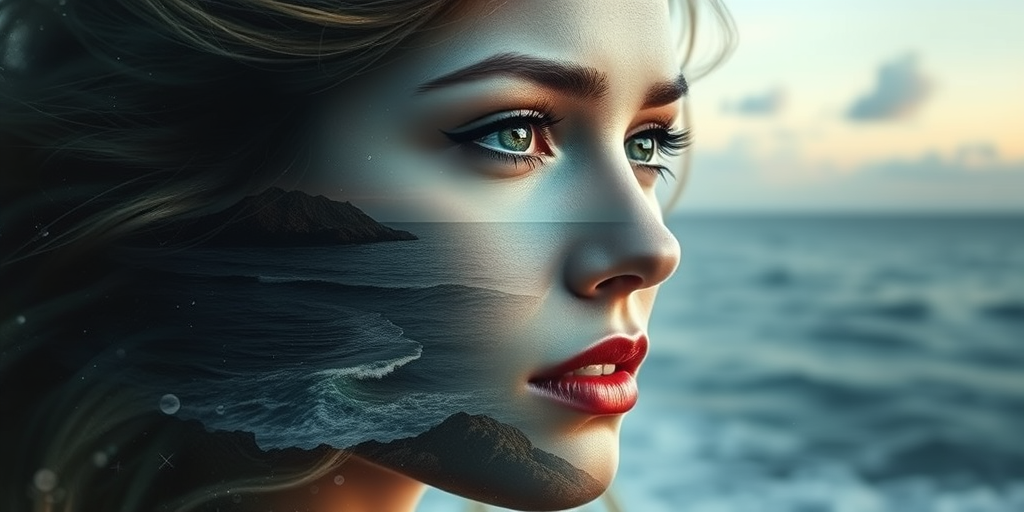 design Book cover, A surreal double exposure portrait that blends a woman's face with a beautiful seascape. The overall mood is dreamy and mystical, with rich colors and intricate details