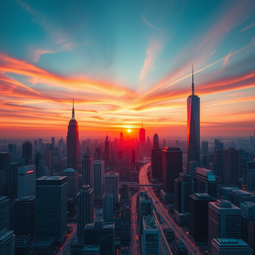 Generate a high-resolution image of a futuristic city skyline at sunset with vibrant colors, wide-angle lens, f/2.8 aperture, ISO 100, 1/200 sec exposure, shot with a DSLR camera from a high vantage point.