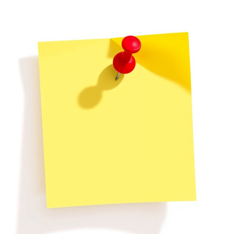Create an illustration of a yellow sticky note with a red pushpin, using a Canon EOS R5 camera, 50mm lens, f/2.8 aperture, ISO 100, and natural lighting to enhance clarity and detail.
