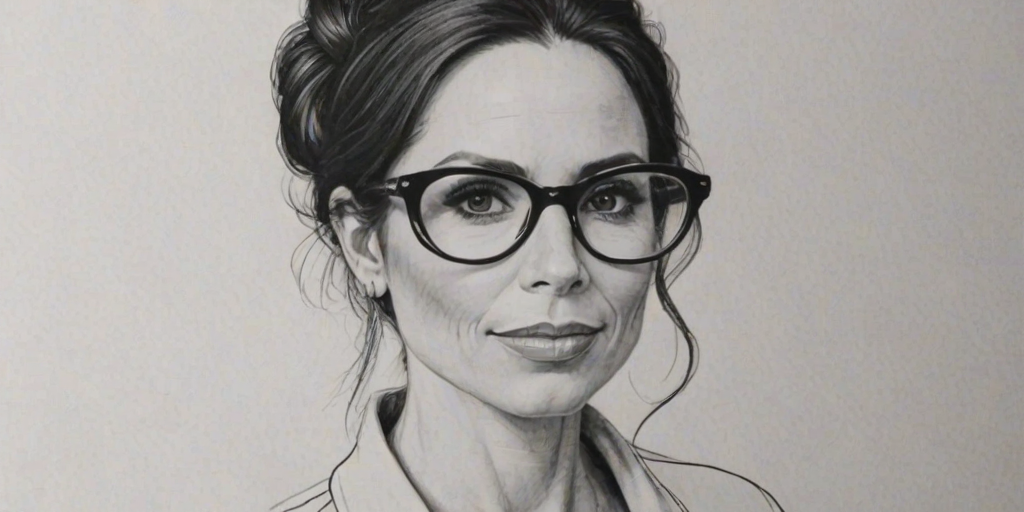 Captivating Minnie Driver, pencil sketch, portrait of Splendid woman 1967s in glasses, hair style beatnik, outline, clear lines, fine lines, 8k