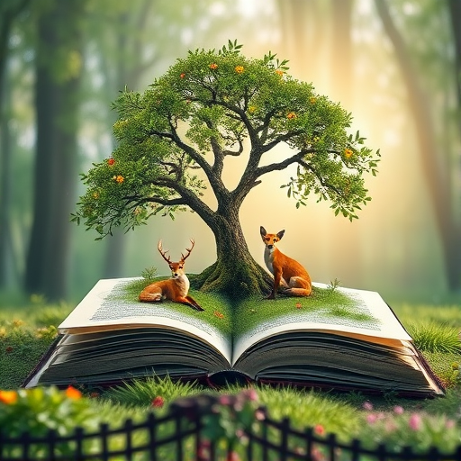 Generate a whimsical scene featuring a large open book with lush greenery, a majestic tree emerging from its pages, and a soft forest background, incorporating small animals like deer and foxes; use a DSLR camera, 50mm lens, f/2.8 aperture, ISO 200, 1/125 sec shutter speed, and a high dynamic range for vivid colors and details.