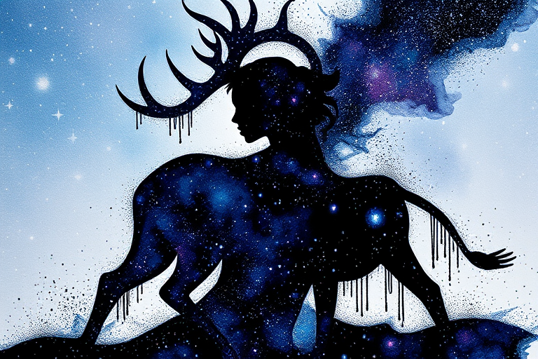 Captivating conceptual render alcohol ink art, double exposure, the paint strokes artfully merge combining a woman's full silhouette with a Elegant elk's silhouette. The figures are composed of a series of colored dots, lines & spots that evoke the image of a cosmic galaxy, colors are deep shades of blue purple & black with flashes of white & silver representing distant stars. The woman's silhouette is formed within the lion's silhouette from constellations of scattered stars, surreal