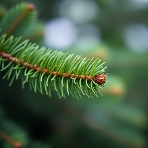 Capture a close-up of a vibrant green conifer branch with sharp details and soft bokeh background using a DSLR camera, 50mm lens, f/2.8 aperture, ISO 100, and a shutter speed of 1/200 sec, natural daylight.
