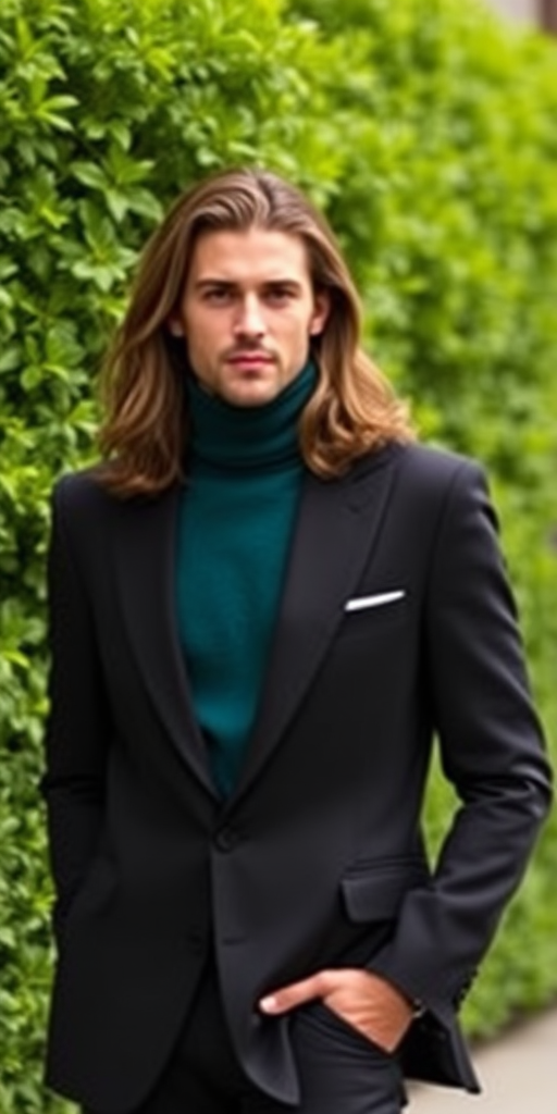 Capture a stylish man with long hair in a tailored black suit and teal turtleneck against a lush green backdrop, using a DSLR camera with a 50mm lens at f/1.8, ISO 100, and a shutter speed of 1/200s in natural daylight.