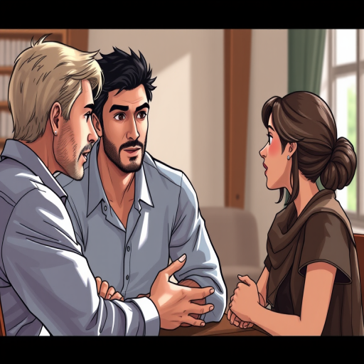 Create a detailed illustration of three characters in a discussion, focusing on their expressions and body language, using a DSLR camera, 50mm lens, f/2.8 aperture, ISO 100, front view, soft natural lighting to enhance depth and clarity.
