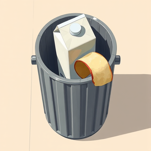 Create a detailed illustration of a gray metal trash can with a carton of milk and a discarded apple peel hanging over the edge, using a high-resolution digital art style, camera settings of f/8 aperture, 35mm lens, soft natural lighting, and a top-down view for a clean look.