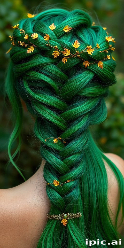 Vibrant emerald green hair arranged in an intricate fishtail braid crown, adorned with tiny golden leaves and vines, embodying a mystical forest nymph aesthetic named Enchanted Canopy