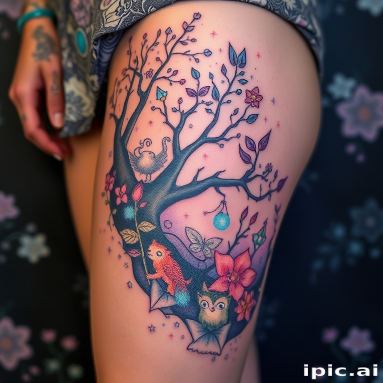 Whimsical body tattoo depicting a enchanted forest scene wrapping around the thigh, featuring mystical creatures and bioluminescent flora in dreamy pastel hues