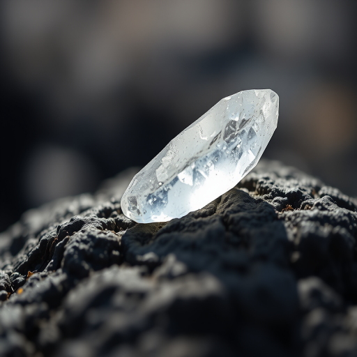 Photograph a clear quartz crystal on a textured black rock, with soft natural light, f-stop 2.8, ISO 100, 50mm lens, macro view, shallow depth of field, using a DSLR camera for enhanced detail and vibrancy.
