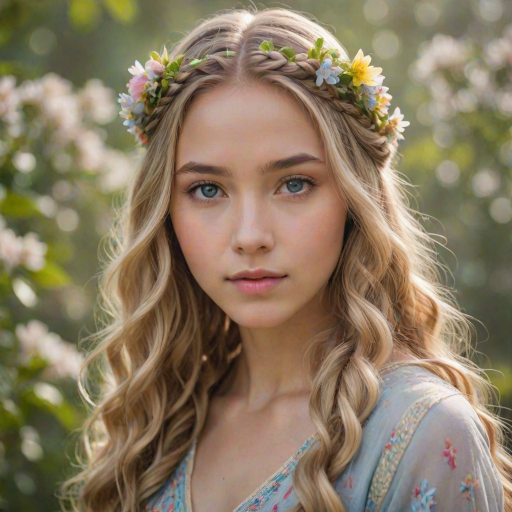 Create an image of a young Filipino woman with long, wavy blonde hair, adorned with small, colorful flowers woven into her braids and loose strands. Her complexion is fair, with soft, glowing skin, and she has light blue eyes that gaze softly at the viewer. She wears a light, flowing dress with a gentle, ethereal quality, complementing her delicate and serene appearance. The background is slightly blurred, drawing focus to her tranquil expression and the intricate details of the flowers in her hair. The overall mood of the image is one of natural beauty and grace, evoking a sense of peacefulness and connection with nature.