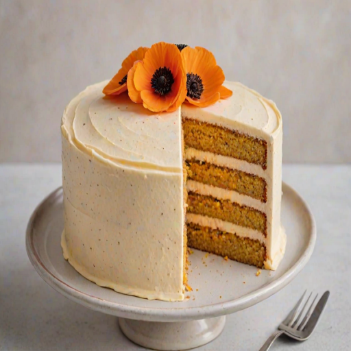 Generate an image of a layered cake with a soft orange frosting. The cake has three visible layers, with a light texture and small poppy seeds throughout. The top is decorated with orange slices and the frosting has a smooth finish. The cake is displayed on a simple white plate against a neutral background.